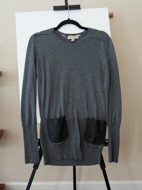 Vintage Burberry London Charcoal Gray Knit Tunic Sweater Dress Leather Pockets
